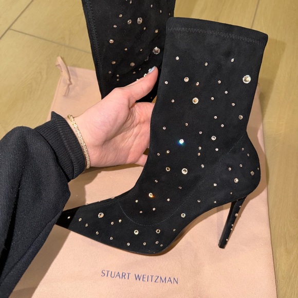 Stuart Weitzman Black Crystal Embellished Heeled Boots - Picture 3 of 4